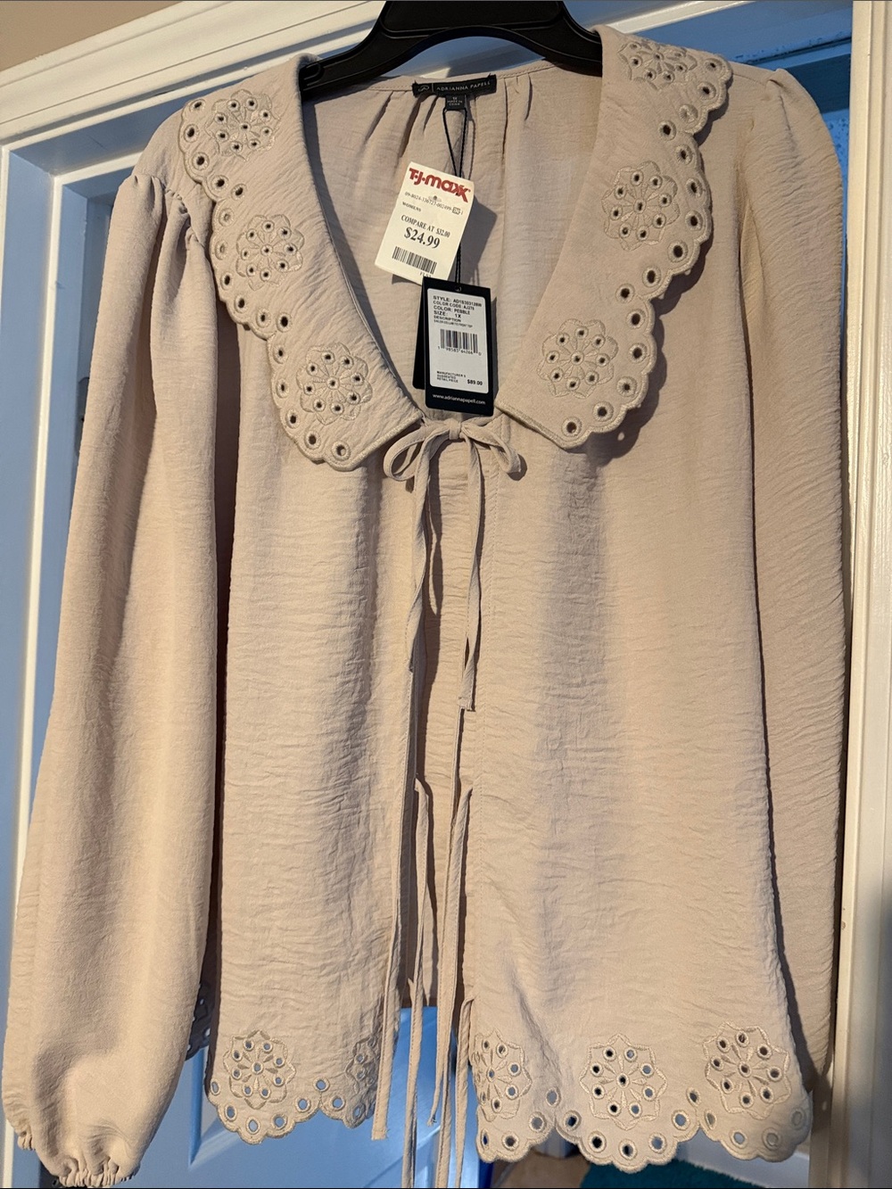 Adrianna Papell Tan Eyelet-Trim Tie-Neck Blouse